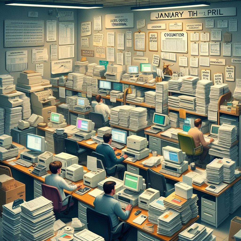 An AI-created graphic showing people sitting at desks in front of computers. The room is packed with rows of desks that are covered with computers and stacks of papers. Words on the wall read "January through April". The room is extremely cluttered creating a negative employee experience. The graphic was created by Image Creator from Designer within Microsoft Bing Chat, powered by DALL-E 3.