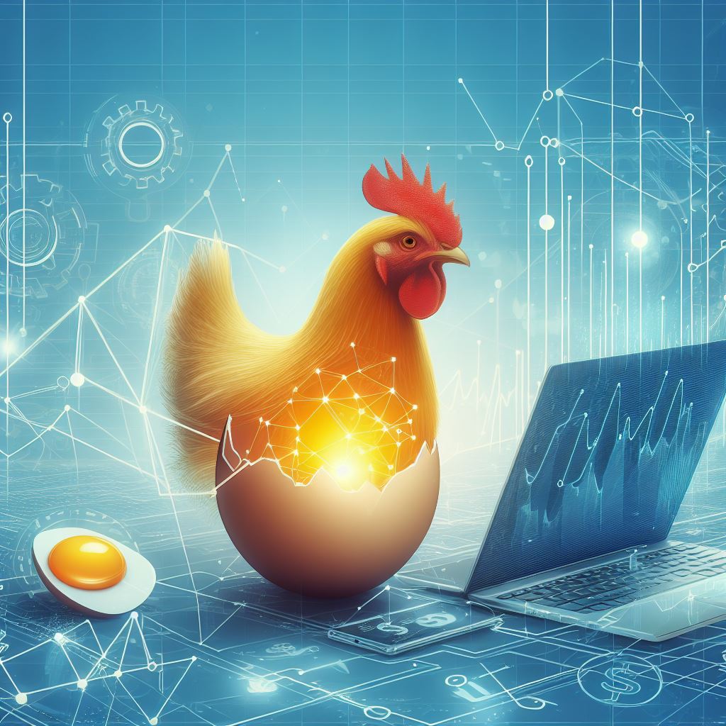 Chicken or the Egg: which came first? This graphic was created by AI, showing a rooster hatching from an egg with a burst of light and lines representing a circuit board